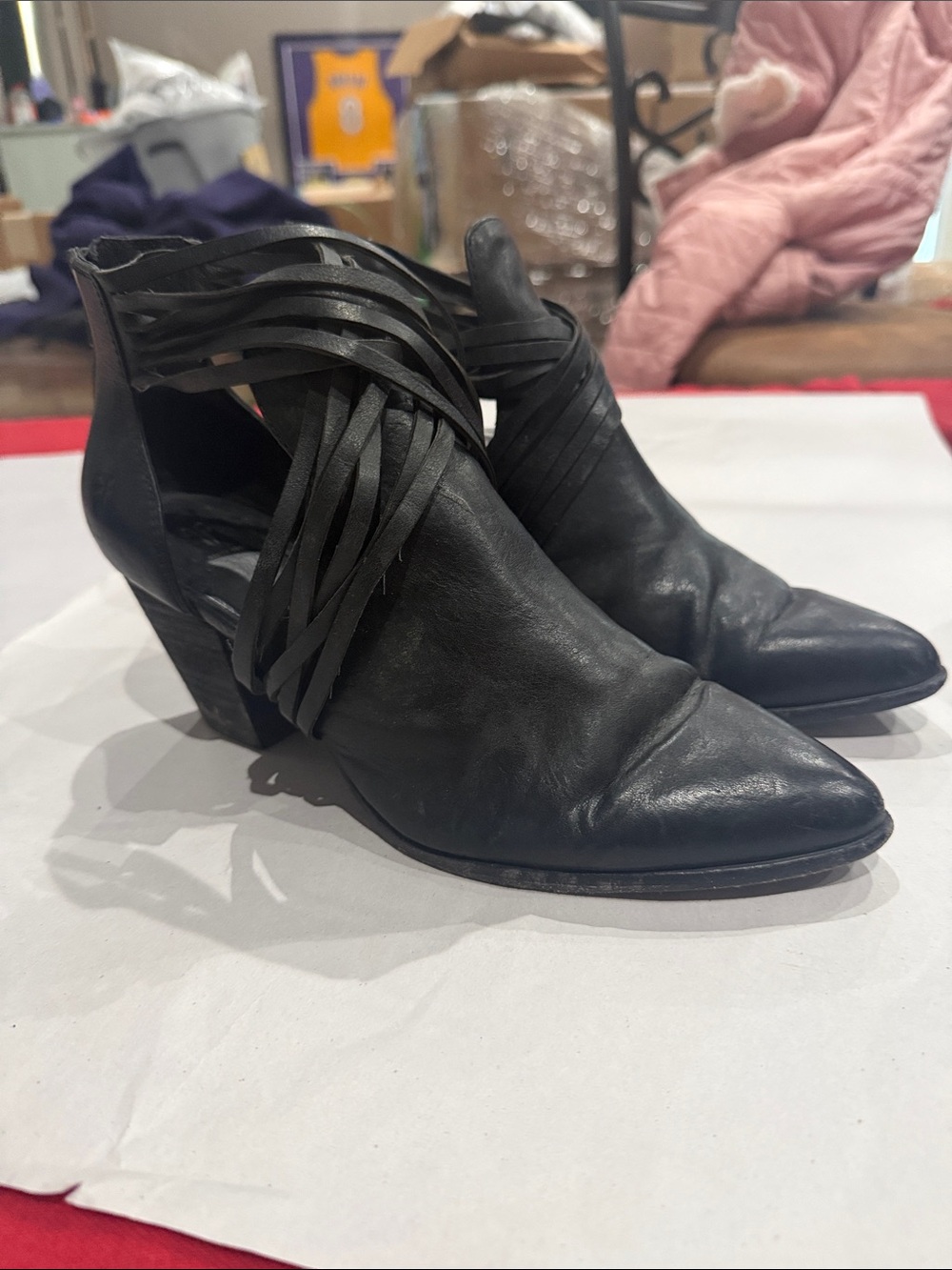 Frye Black Leather Pointed Fringe Ankle Booties